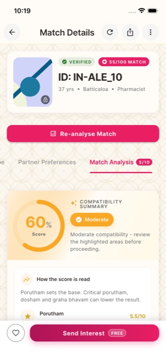 Inaiye app match analysis with Porutham compatibility score